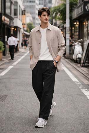 米色衬衫×黑色长裤通勤